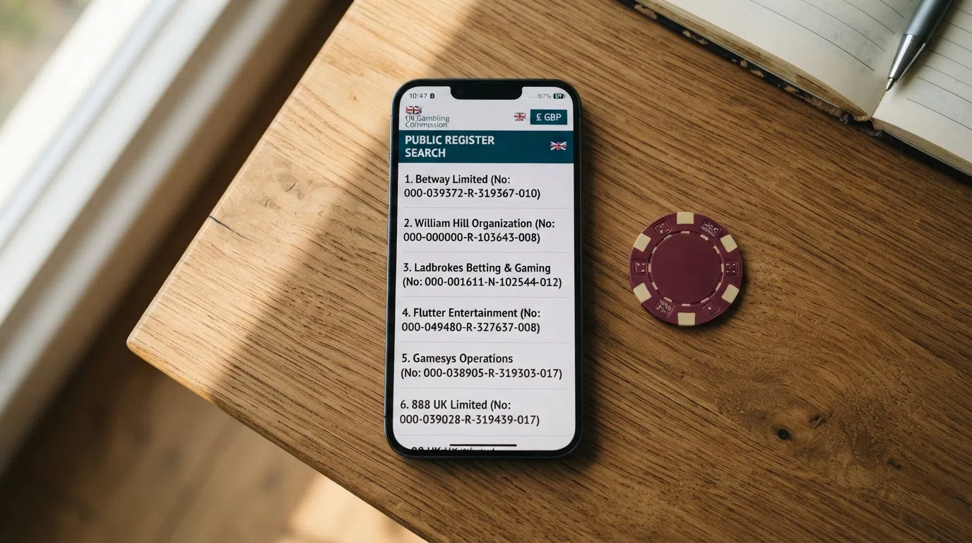 The UK Gambling Commission logo displayed on a mobile device screen, with the licence number visible and the padlock icon in the browser address bar