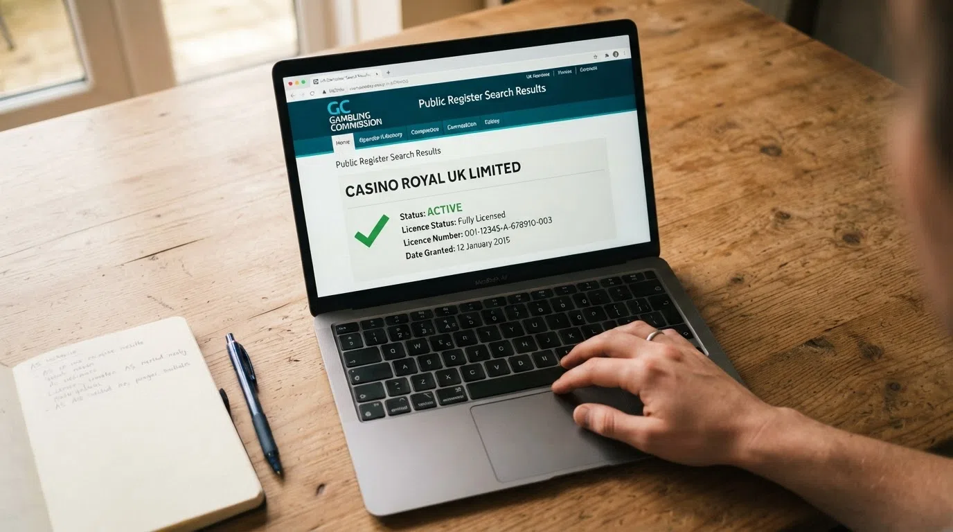 A mock-up of the Gambling Commission public register search result confirming an operator's licence status, with the Commission's logo visible