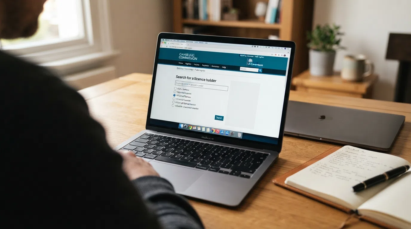 A browser window open on the Gambling Commission public register search page