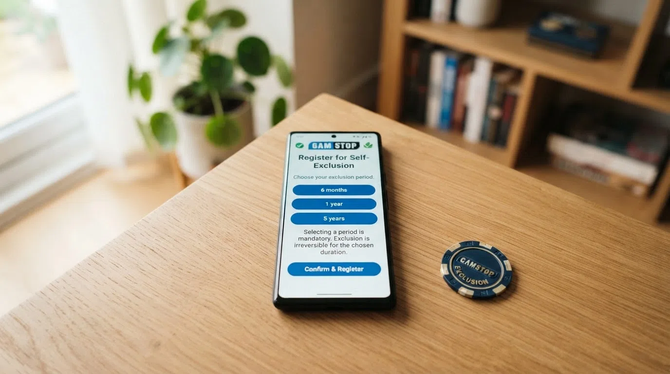 A smartphone displaying the GAMSTOP self-exclusion registration screen with the exclusion-period options — six months, one year, five years — visible on the interface