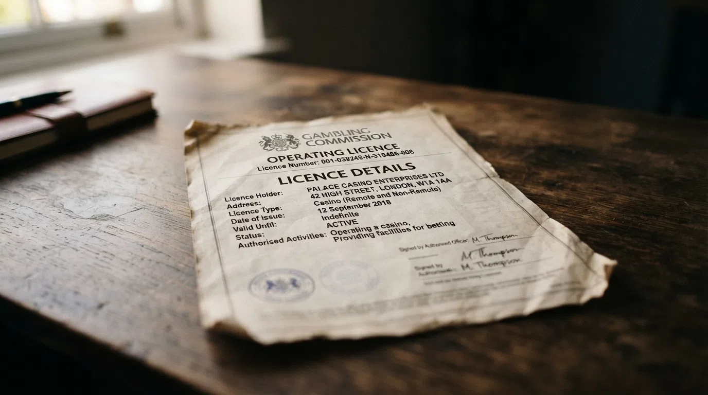 A close-up of a gambling licence document with a magnifying glass over the licence number