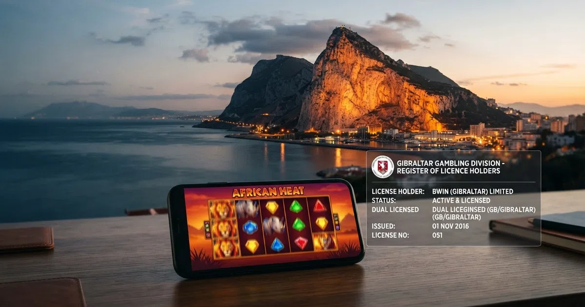 Panoramic view of the Gibraltar coastline with the Rock of Gibraltar prominent, overlaid with an online casino interface showing a slot game and licence-register search screen