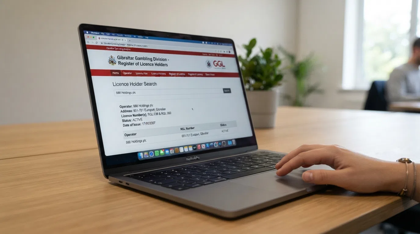 A close-up of a laptop screen displaying the Gibraltar Gambling Division Register of Licence Holders search interface, with a licence-holder entry visible showing RGL numbers and operator name