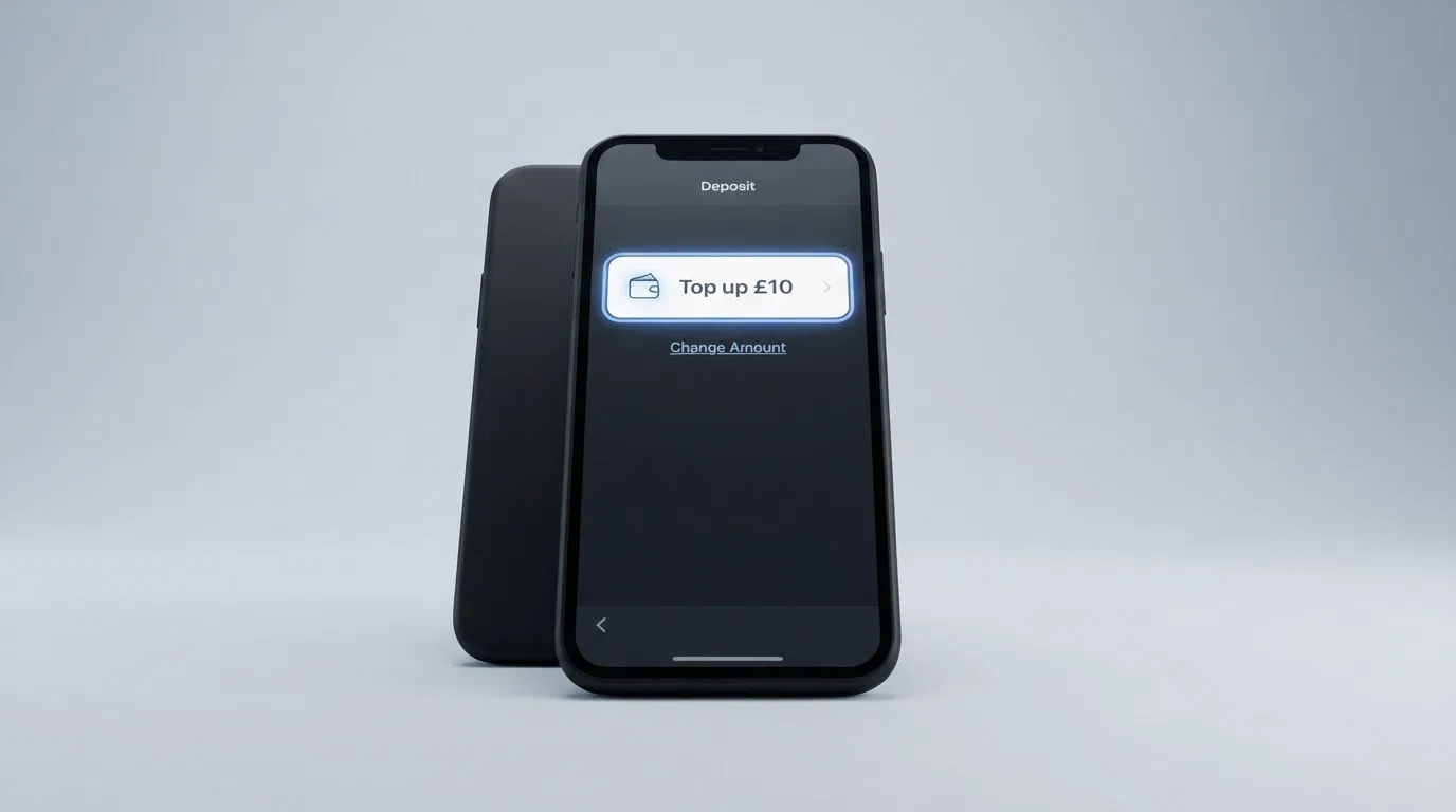 A smartphone cashier screen with a Google Pay button and a £10 deposit amount field