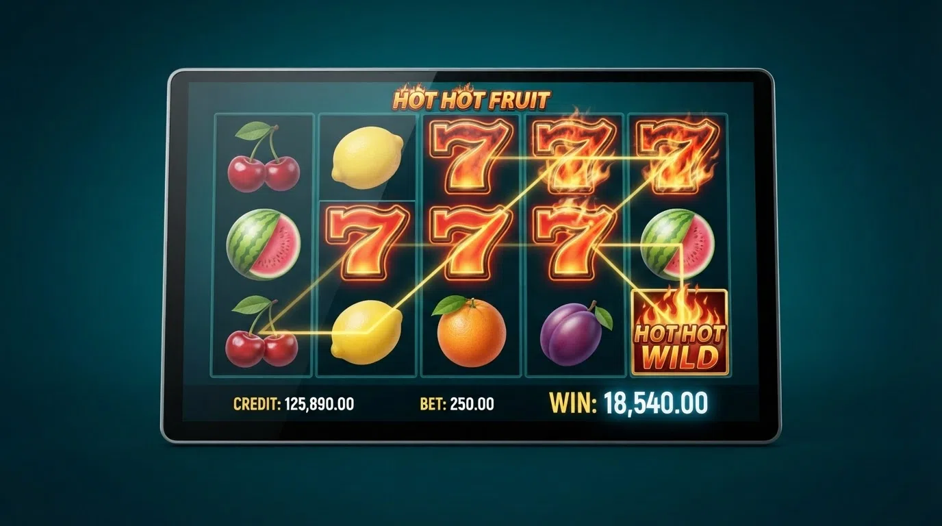 Hot Hot Fruit slot game screen with the five-reel grid, fruit symbols and the win counter visible during a spin