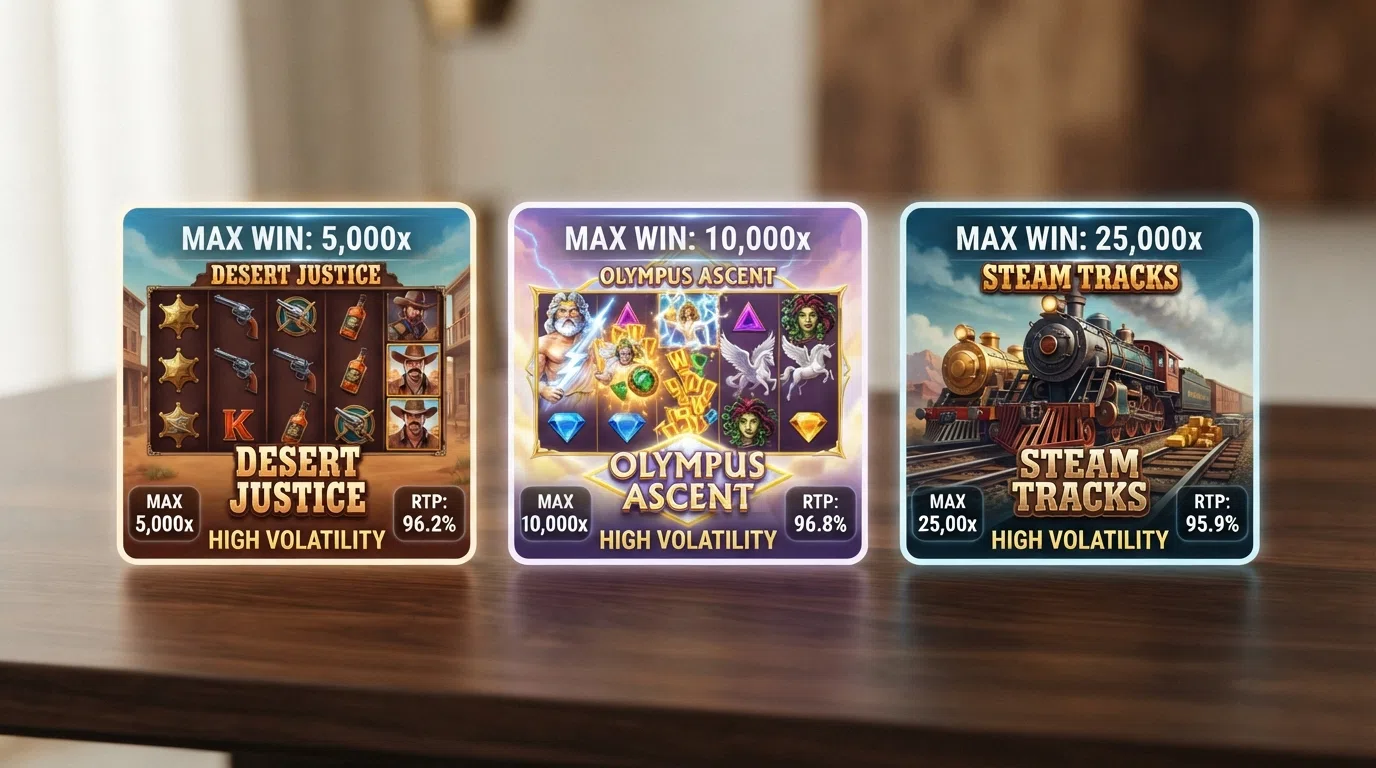 Three slot game tiles side by side — Dead or Alive 2, Gates of Olympus and Money Train 2 — each showing its max-win multiplier and RTP overlay