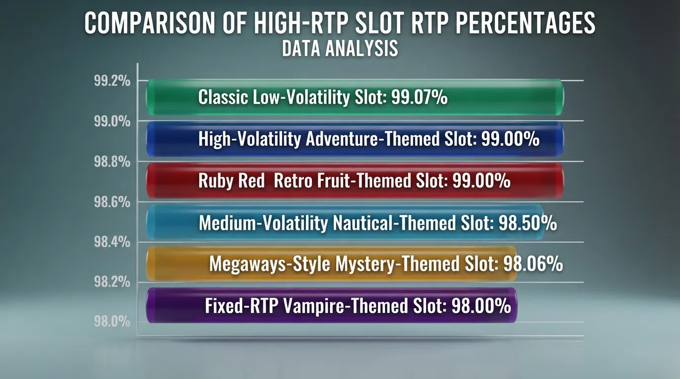 A clean bar chart or side-by-side visual comparing the RTP percentages of Ugga Bugga (99.07%), Book of 99 (99.00%), Mega Joker (99.00%), 1429 Uncharted Seas (98.50%), Blood Suckers (98.00%) and Mystery Reels Megaways (98.06%), with each bar labelled by slot name and percentage.