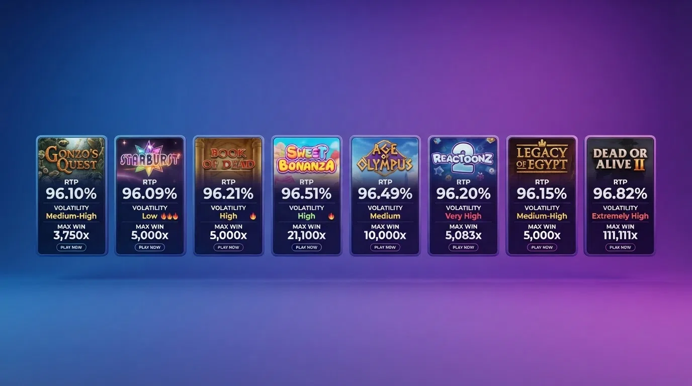 Eight online slot title cards, each showing its RTP percentage, volatility and maximum win