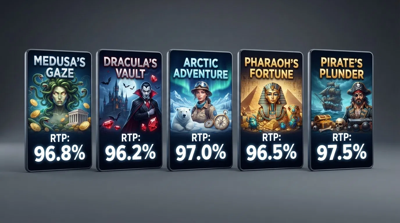 A side-by-side comparison layout of five video slot title cards with their RTP percentages displayed prominently, Book of 99 and Blood Suckers highlighted at the top