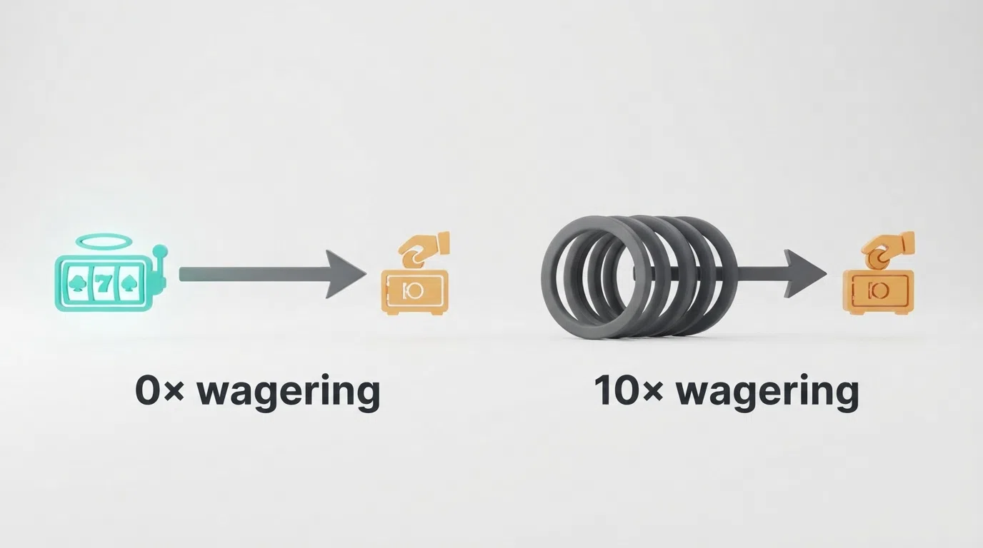 A two-path infographic — the left path labelled “0× wagering” shows a straight arrow from a free-spins icon to a cash-withdrawal icon; the right path labelled “10× wagering” shows an arrow looping ten times in a circle before reaching the same withdrawal icon.