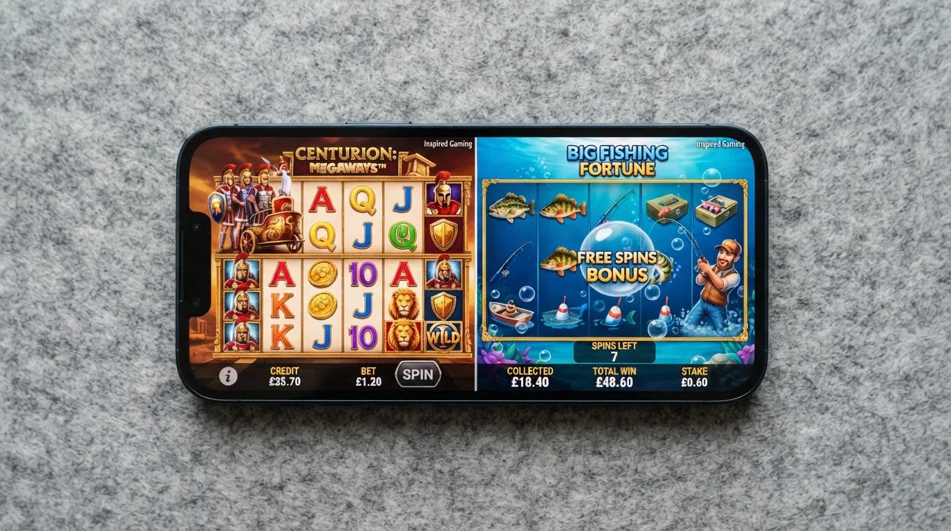 Close-up of Centurion's Roman-legion reels and Big Fishing Fortune's fishing-bonus animation on a smartphone screen