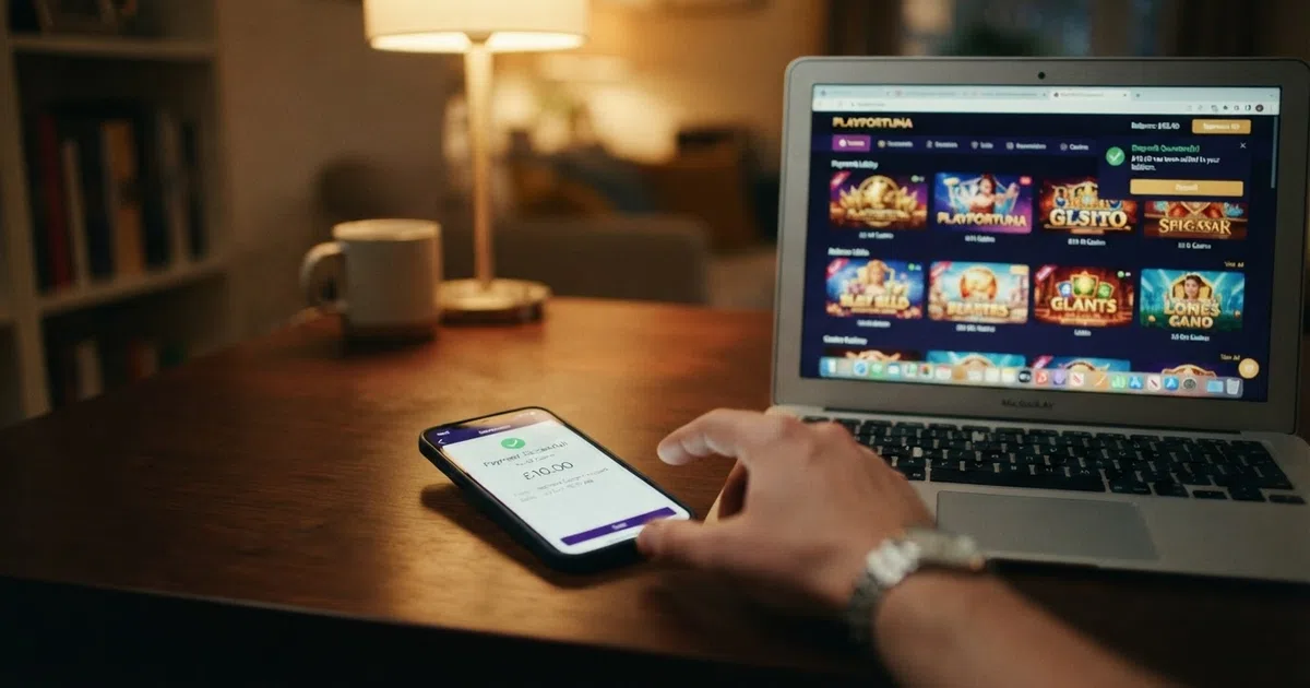 A smartphone screen showing a banking app with a payment confirmation alongside a casino lobby displaying a deposit-successful notification