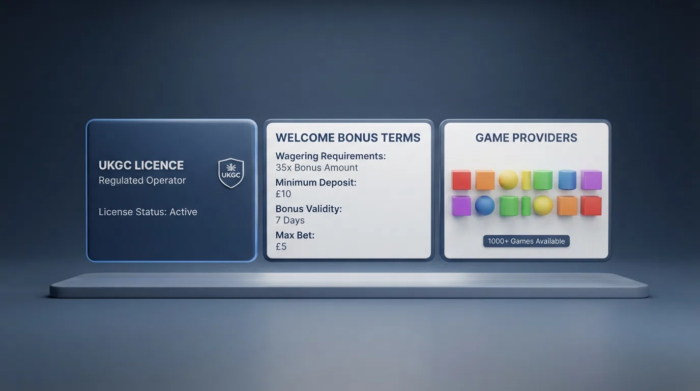 A split-screen visual showing the key comparison dimensions — a UKGC licence badge on one side, a sample welcome-bonus terms panel on the other, and a provider-logo strip across the bottom, framed as a decision dashboard.