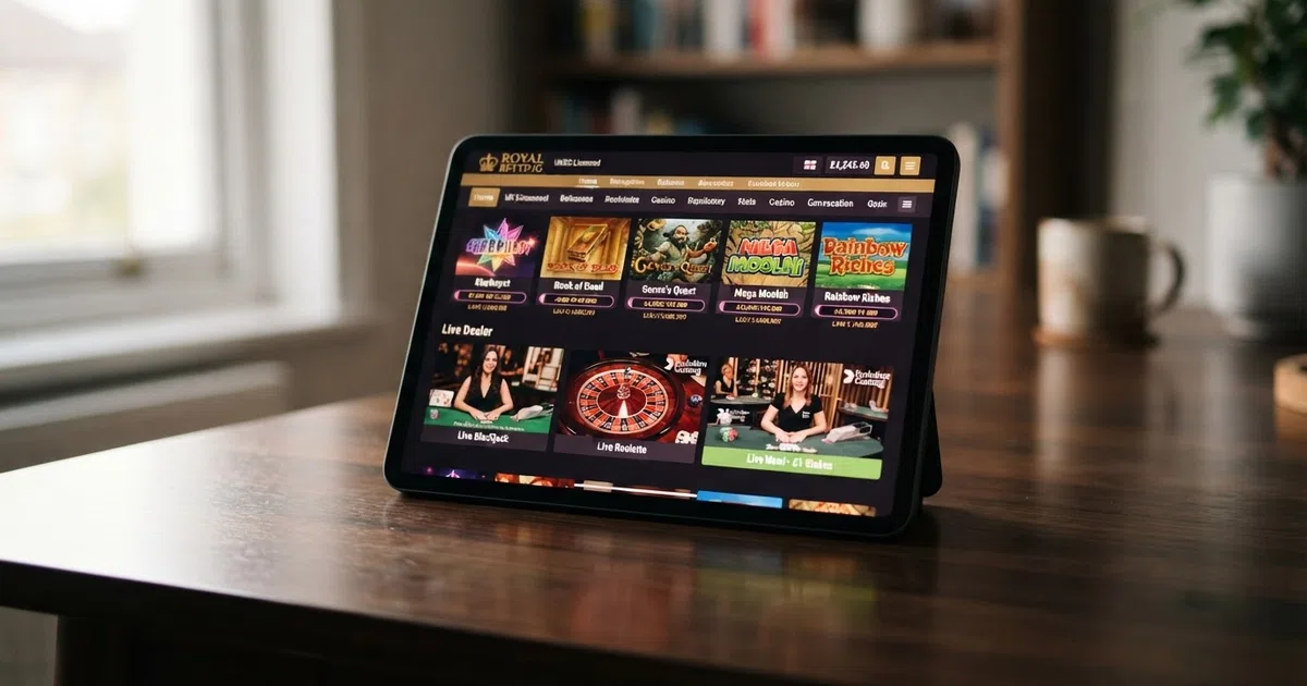 An iPad in landscape orientation showing the lobby of a UK-licensed online casino with slot thumbnails and a live-dealer table preview visible
