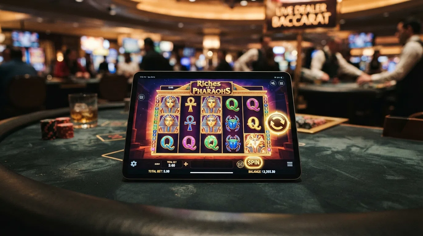 A slot game displayed full-screen on an iPad in landscape mode, with the spin button positioned for thumb reach and the reels filling the upper two-thirds of the display