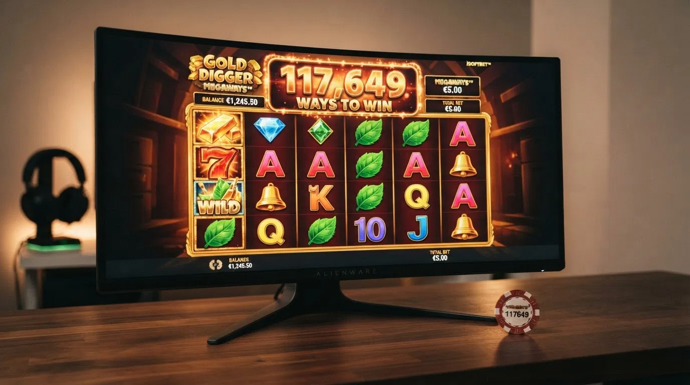 A five-reel iSoftBet Megaways slot interface showing the cascading-reels mechanic with the 117,649-ways-to-win counter above the grid