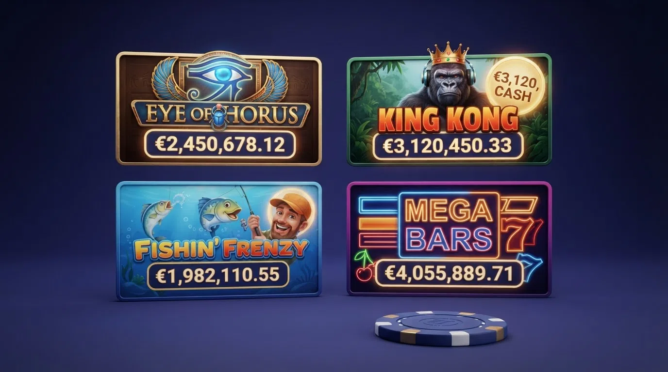 A grid of the most popular Jackpot King slot title cards — Eye of Horus, Fishin' Frenzy, King Kong Cash and Mega Bars — arranged side by side with their progressive jackpot badges visible
