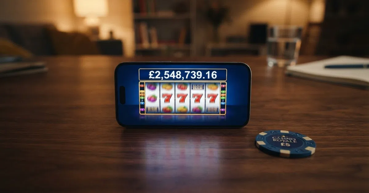 A smartphone screen displaying a progressive jackpot slot game with a multi-million-pound jackpot counter glowing above the reels