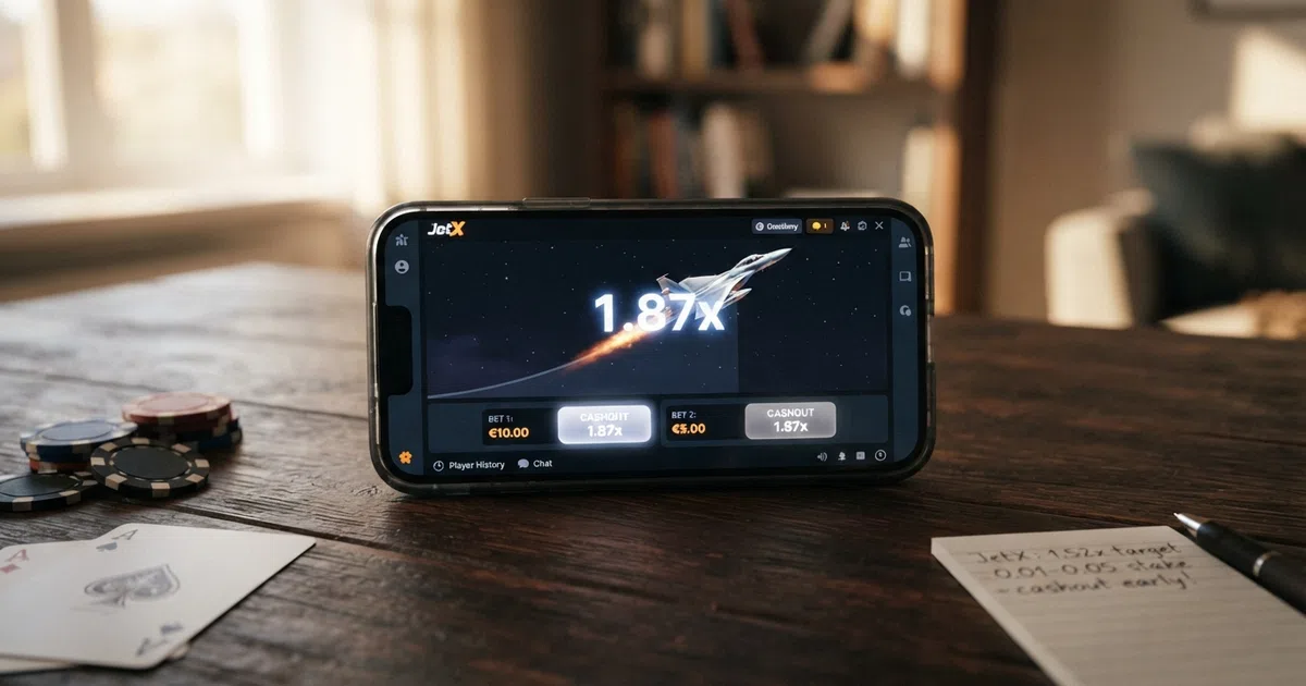 JetX game interface showing a climbing jet with a rising multiplier counter and dual-bet panels, mid-round before cashout
