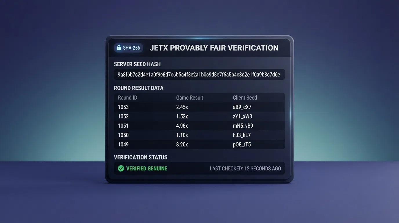 The JetX provably-fair verification panel displaying a server seed hash and round result data