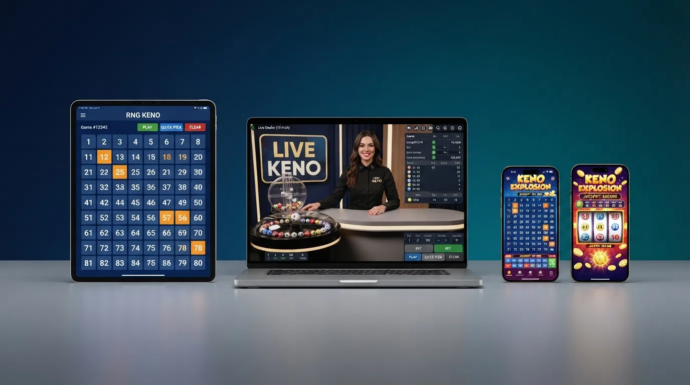 Three panels side by side: an RNG keno number grid on the left, a live-dealer keno studio feed in the centre, and a slot-style keno title screen on the right