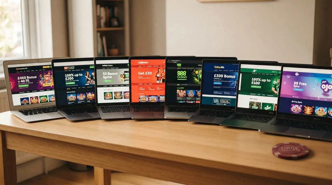 A side-by-side arrangement of UK casino site homepages with their welcome-bonus banners visible and a UKGC licence badge highlighted on one