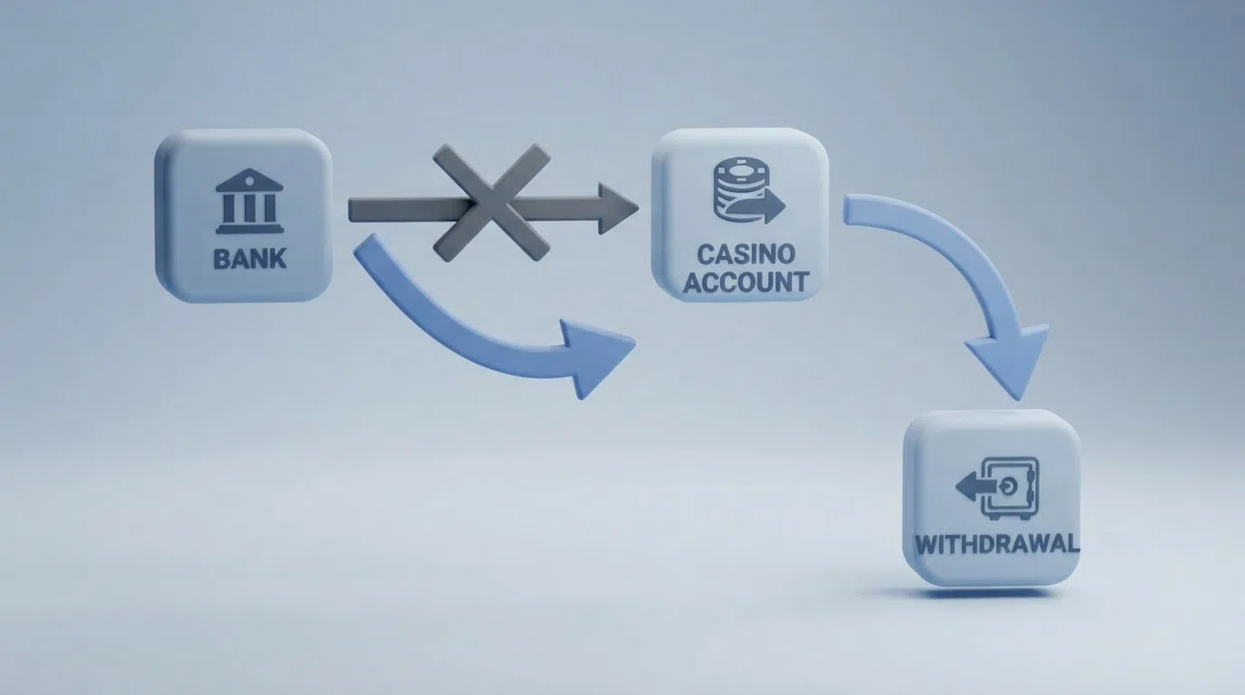 A simplified flow diagram showing a Klarna Pay Now deposit arrow going into a casino account and a separate bank-transfer withdrawal arrow coming out, with a cross through the Klarna-to-withdrawal path