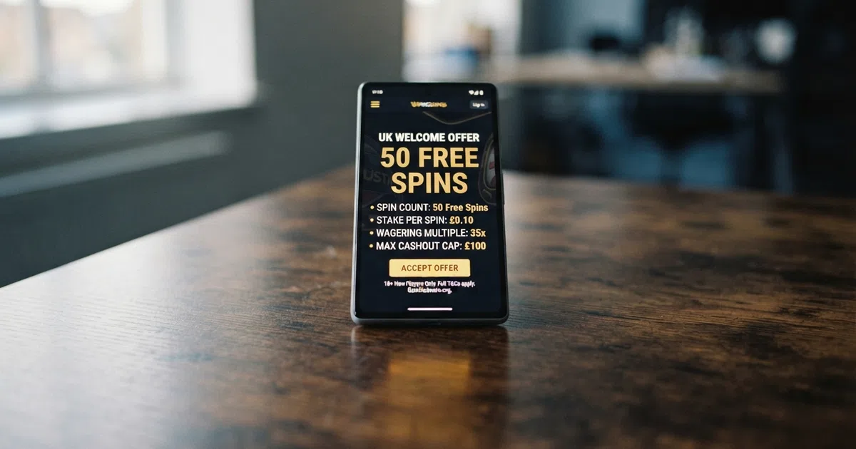 A smartphone screen displaying a UK online casino free-spins offer with the four key terms visible: spin count, stake per spin, wagering multiple and maximum cashout cap