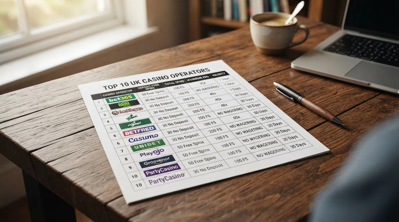 A comparison table of ten UK casino welcome offers with columns for spins, deposit and wagering