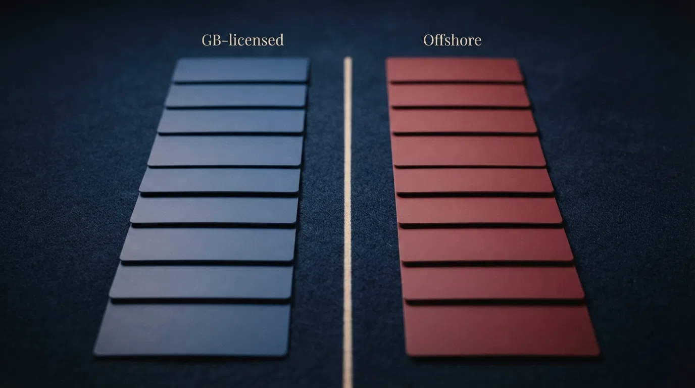 Two columns of casino operator cards, one column marked GB-licensed and the other marked offshore