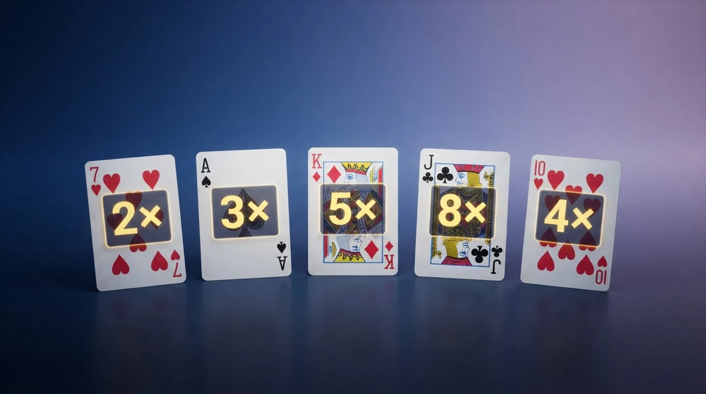 A Lightning Baccarat game screen showing five face-up playing cards with random multiplier values from 2× to 8× overlaid on the winning hand positions