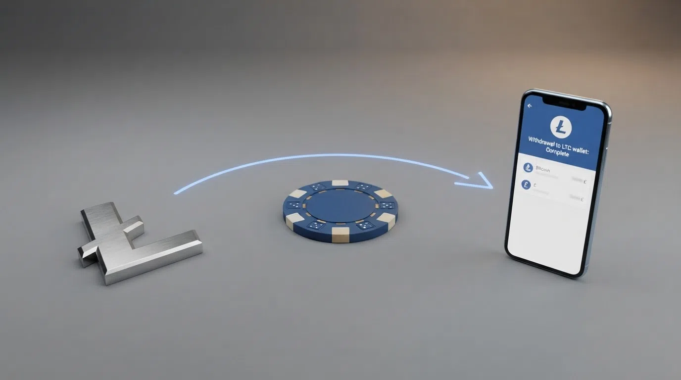 A simple three-step diagram showing a Litecoin logo on the left, a casino chip in the centre, and a withdrawal arrow pointing back to a wallet on the right, with approximate time labels under each step.