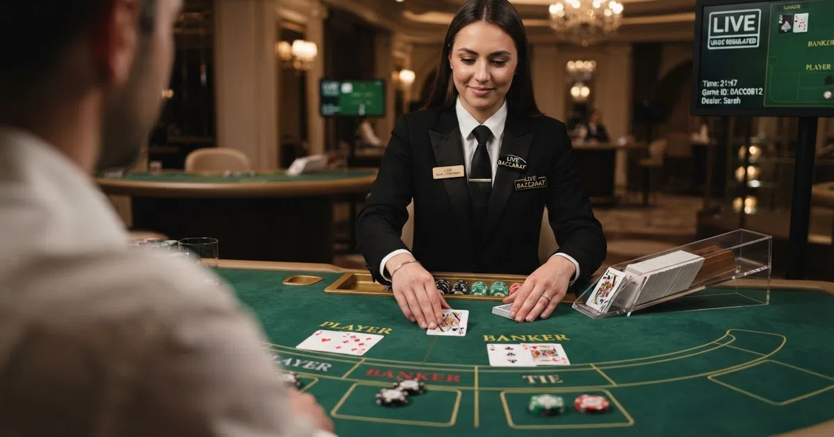 A live dealer baccarat table streamed in high definition, showing a dealer in formal attire handling playing cards at a green felt table with Player, Banker and Tie betting positions clearly visible on screen