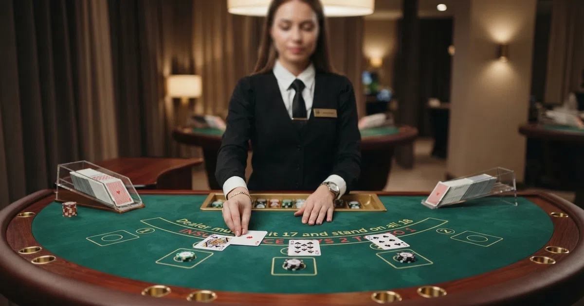 A live blackjack dealer at a casino table framed in a wide shot, cards visible on the green felt, multiple camera angles suggested by the studio lighting, betting positions marked on the table