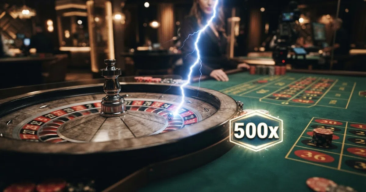 A close view of a roulette wheel as an electric bolt strikes a numbered pocket, a multiplier badge glowing beside it.