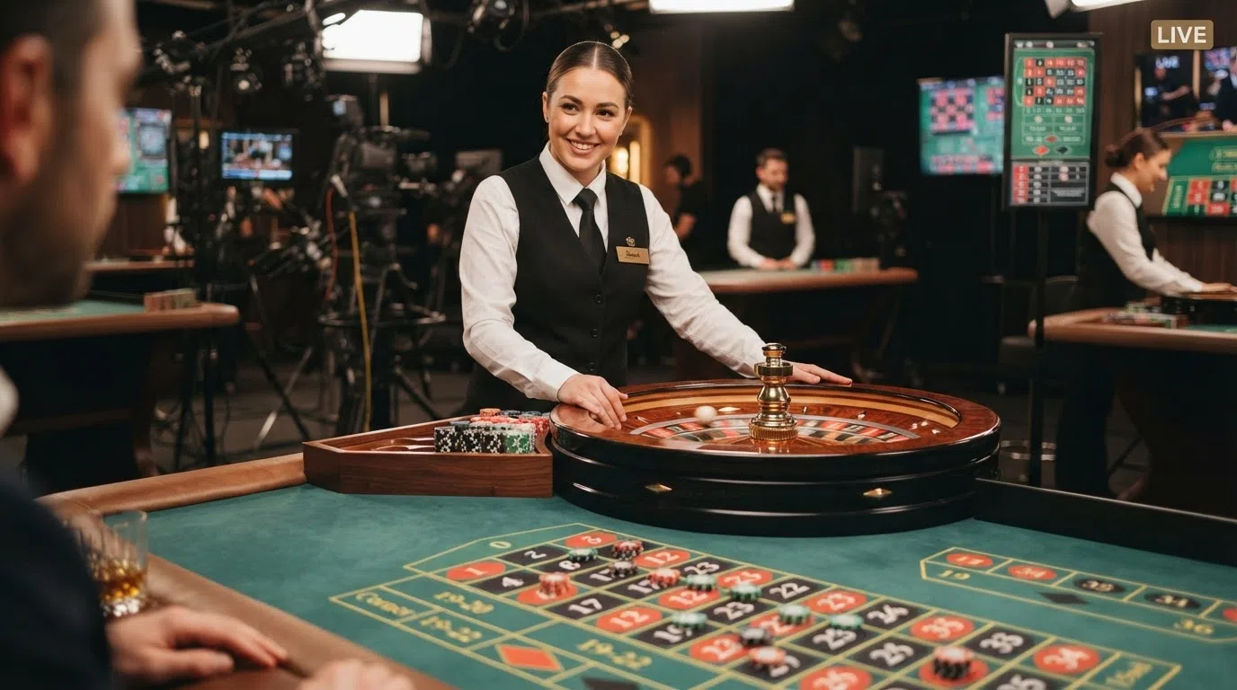 A live dealer standing at an American roulette table in a professional casino studio, with the wheel and betting grid in frame and the stream interface visible on a screen overlay