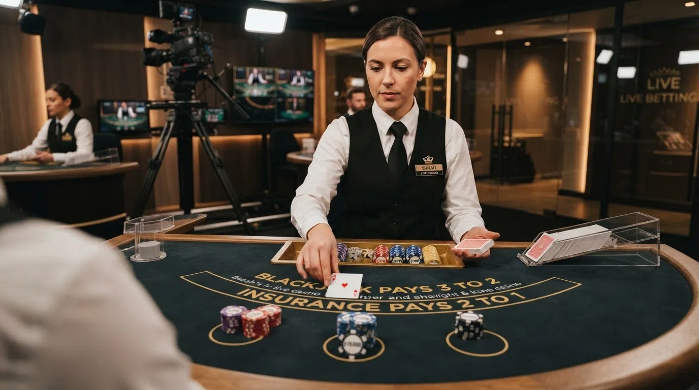 A live dealer blackjack table streamed in high definition, showing a dealer handling cards and a betting interface with four-figure stake options visible