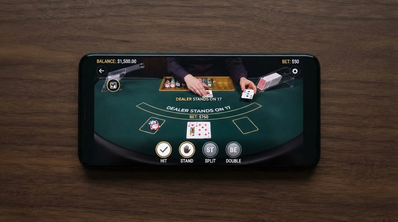 A close-up of a live blackjack online interface showing the digital betting layout overlaid on the live stream, chip denominations and decision buttons for hit, stand, split and double