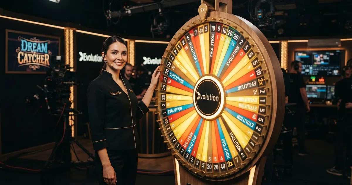 A live dealer presenter stands beside the vertical Dream Catcher money wheel in an Evolution Gaming studio, the wheel's coloured segments and numbers visible under studio lighting.
