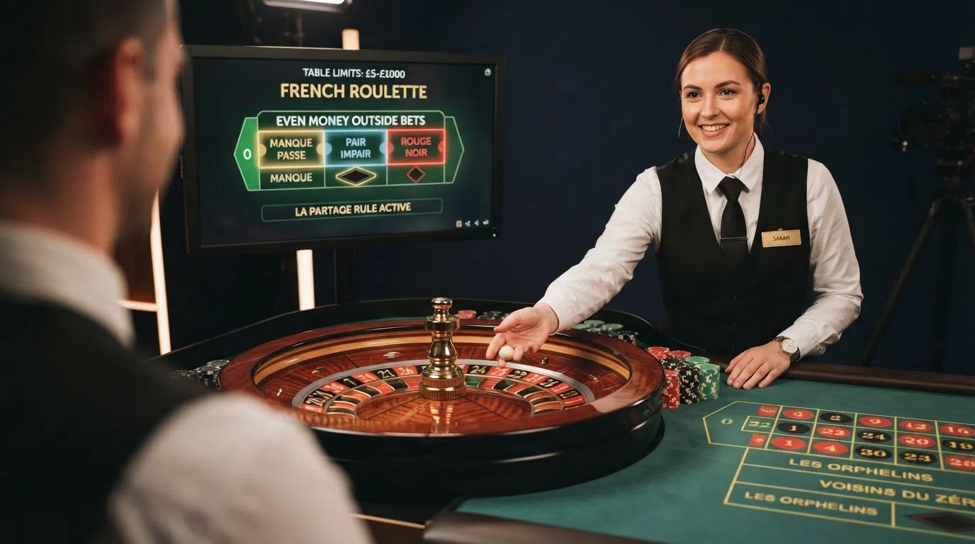 A live-dealer French Roulette table filmed in a professional casino studio, with a croupier spinning the wheel and the betting grid displayed on screen