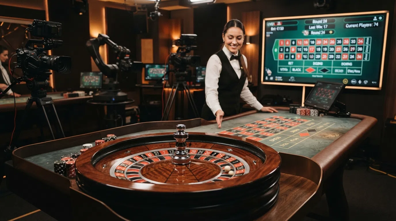 A live dealer standing behind a European roulette table in a professional streaming studio, with the wheel in the foreground and the betting interface overlaid on screen