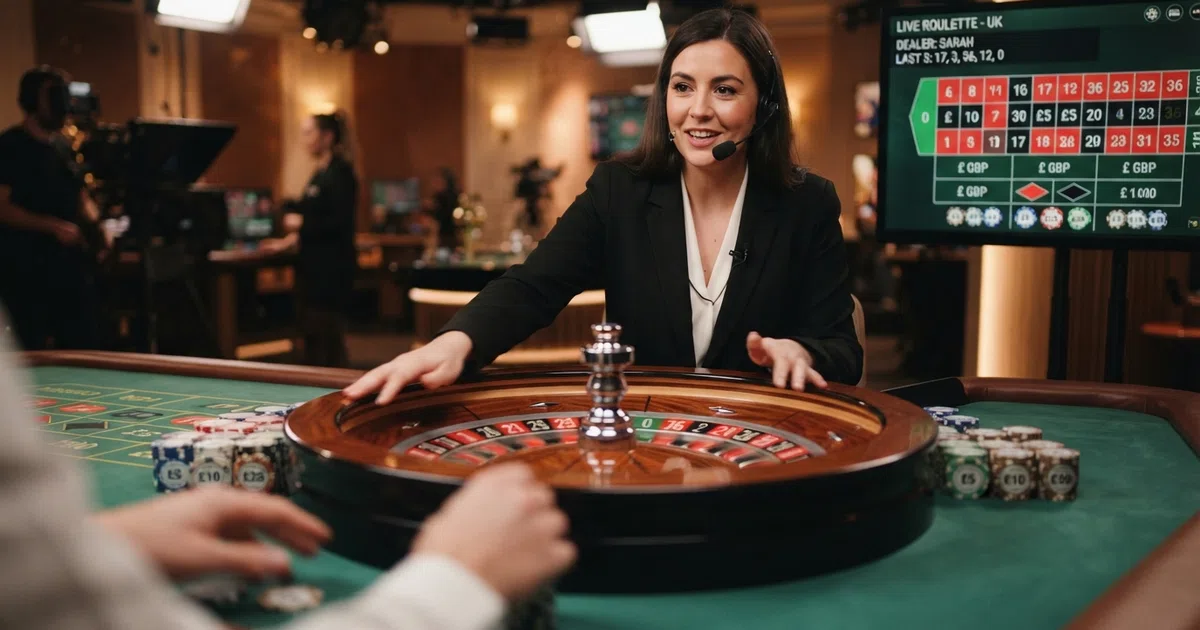 A live roulette table filmed in an HD multi-camera studio, showing an English-speaking dealer spinning a European single-zero wheel while the on-screen betting interface displays chip denominations in pounds sterling