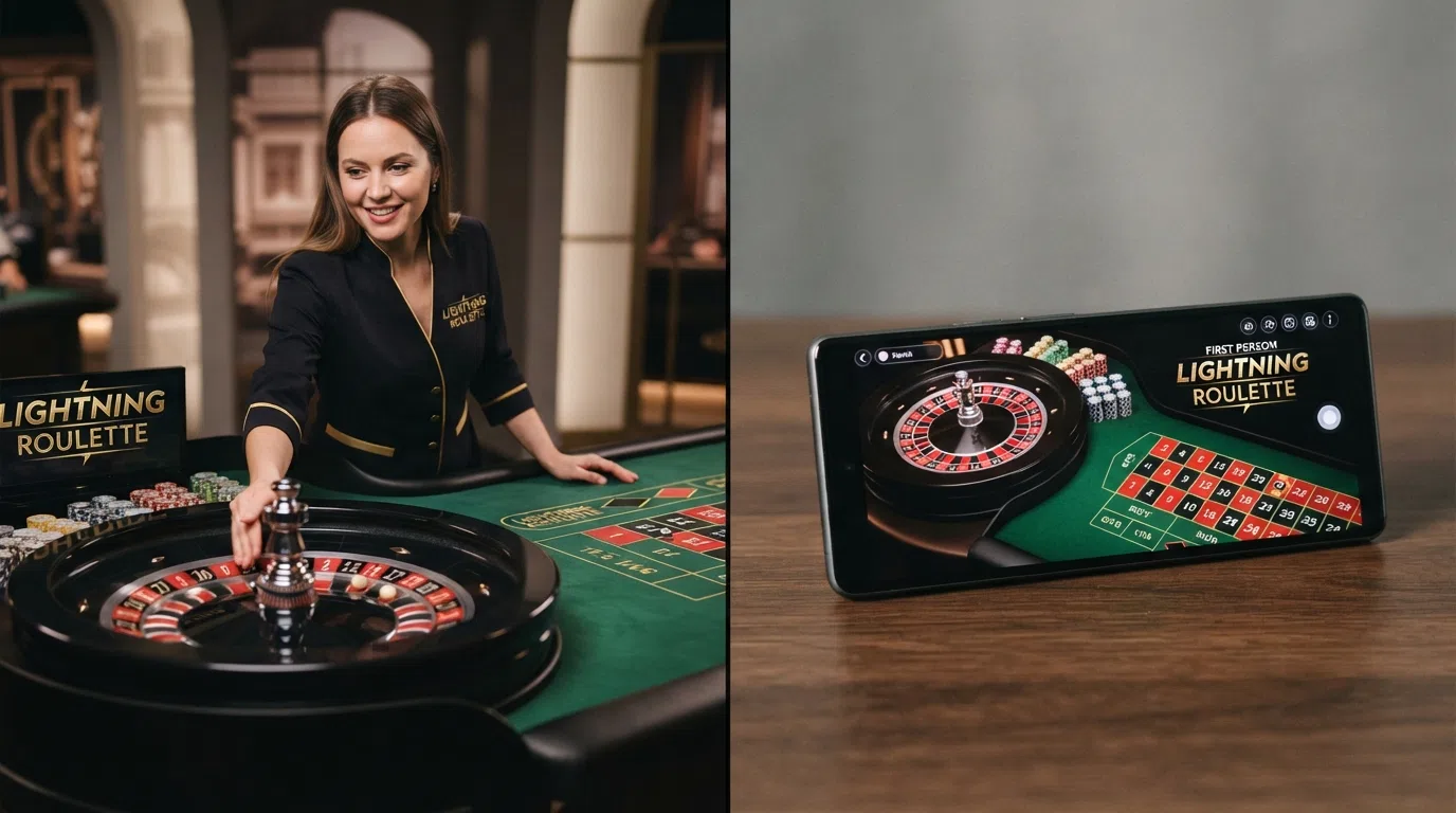 Two screens side by side: a live-dealer roulette studio with a croupier at the wheel, and a digital roulette table showing a GO LIVE button.
