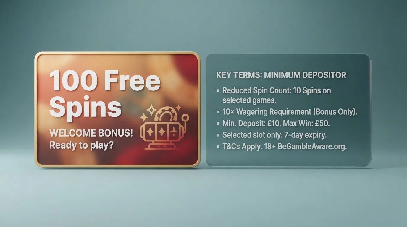 A split-screen visual contrasting a headline welcome-bonus banner advertising “100 Free Spins” with a smaller panel showing the actual terms a minimum depositor qualifies for — fewer spins, higher wagering or no bonus at all