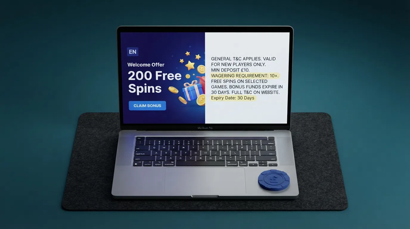 A split-screen comparison of a casino bonus panel on one side and a terms-and-conditions snippet on the other, with the wagering figure and expiry date highlighted