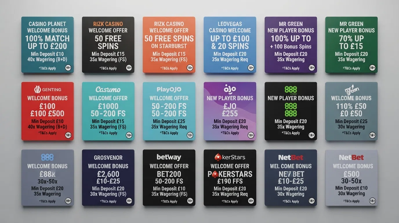 A grid of UK casino welcome-offer cards showing free-spin counts, wagering requirements and minimum deposit figures side by side, arranged as a visual comparison