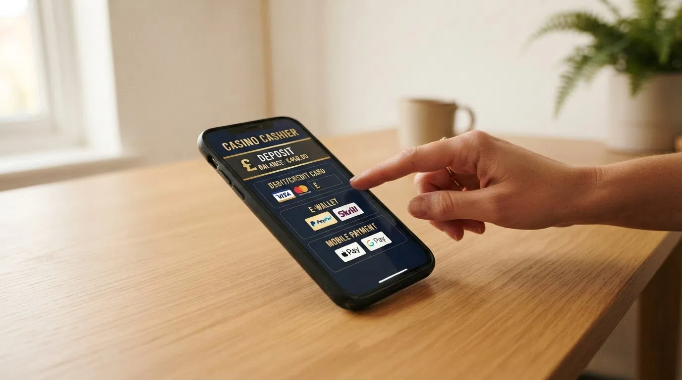 A smartphone displaying a casino cashier screen with multiple payment-method icons including debit card, PayPal and Apple Pay