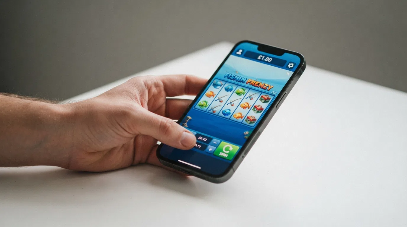 A smartphone displaying a slot game reels with a visible £0.10 minimum-bet selector and a balance showing £1.00