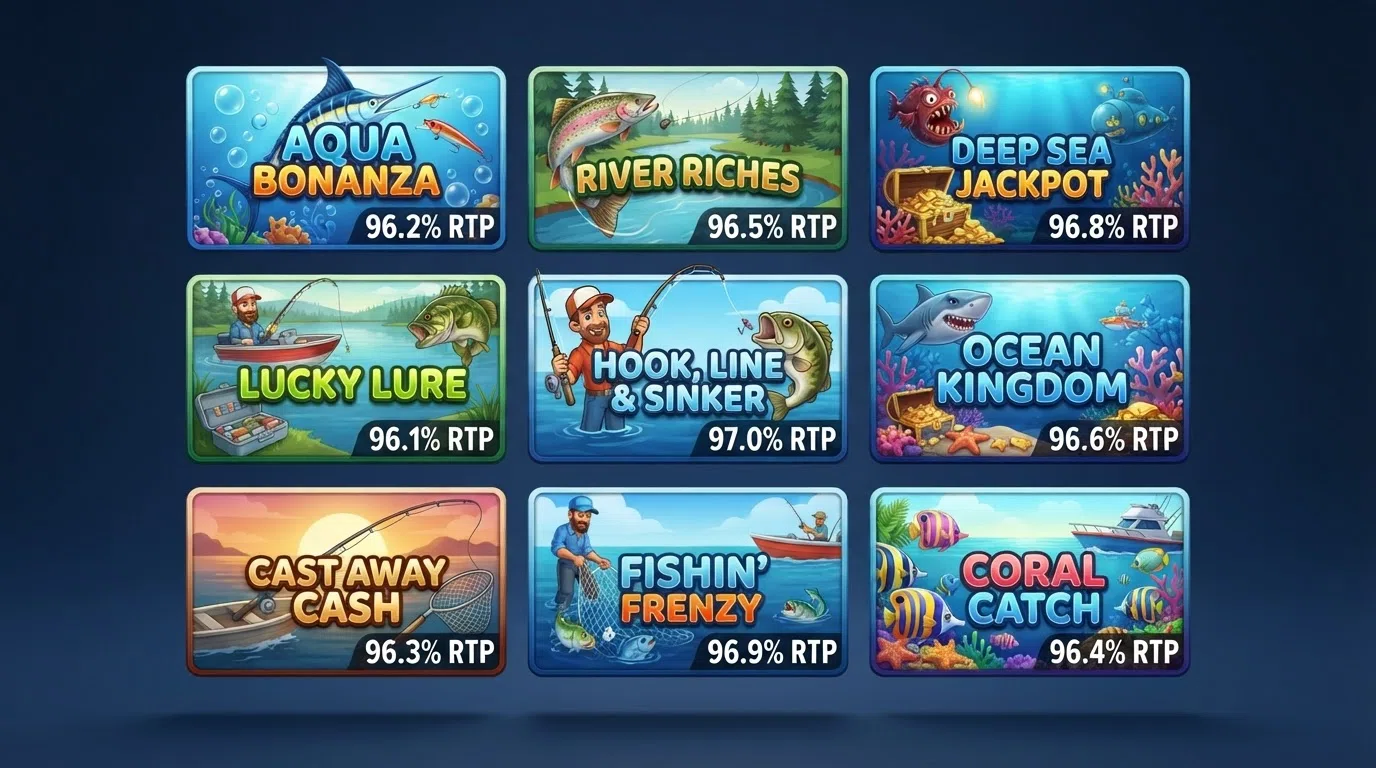 A grid of slot-title artwork for Big Bass Splash and other slot games, overlaid with RTP percentage labels