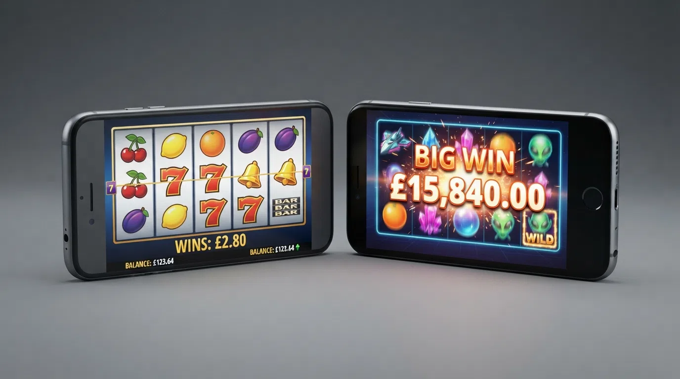 A split screen showing two slot game interfaces side by side — one displaying a modest win of a few pounds on screen and the other showing a large jackpot counter, illustrating the volatility difference